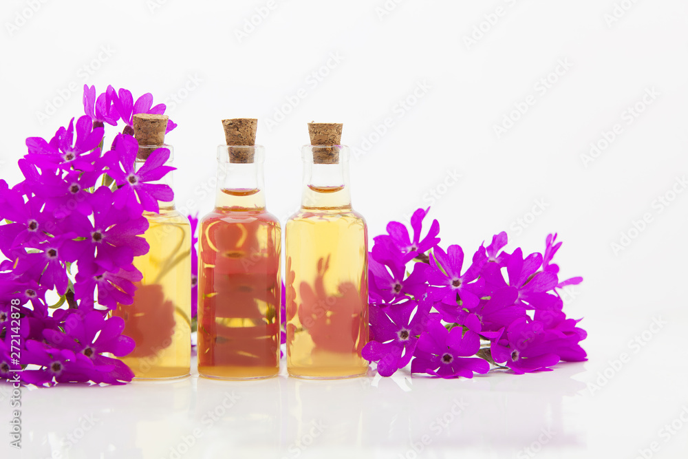 primrose essential oil in beautiful bottle on table primrose essential oil in beautiful bottle on table