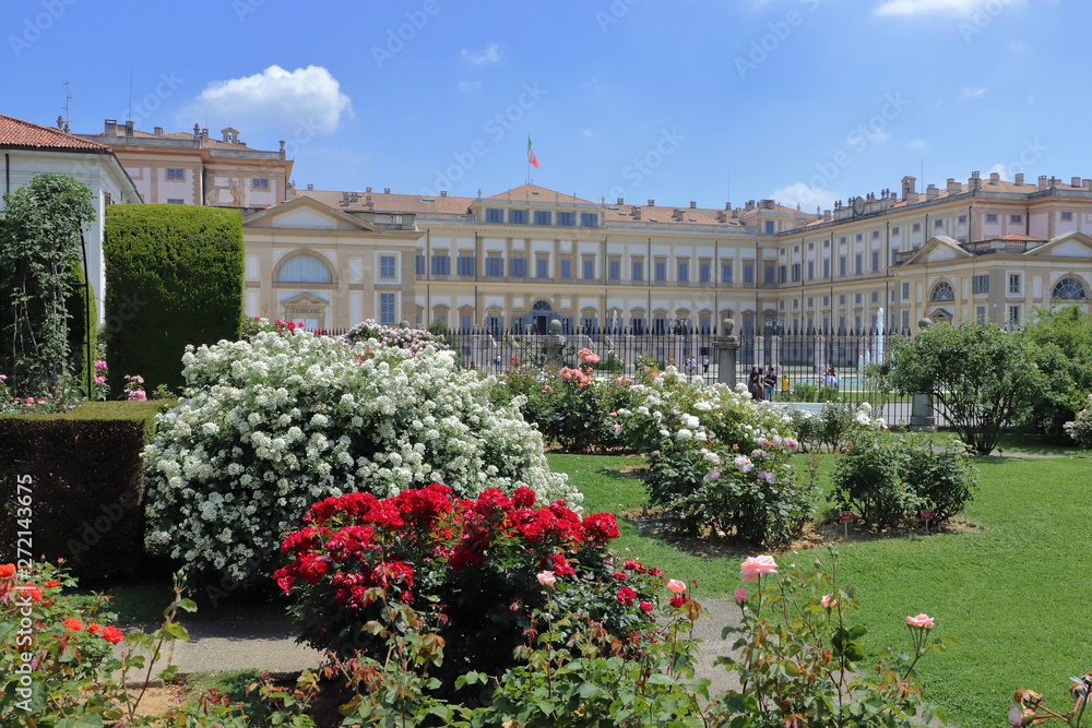  villa reale e piante di rose monza in italia, royal villa and rose plants in monza city in italy