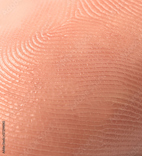 Closeup view of human finger. Friction ridge pattern