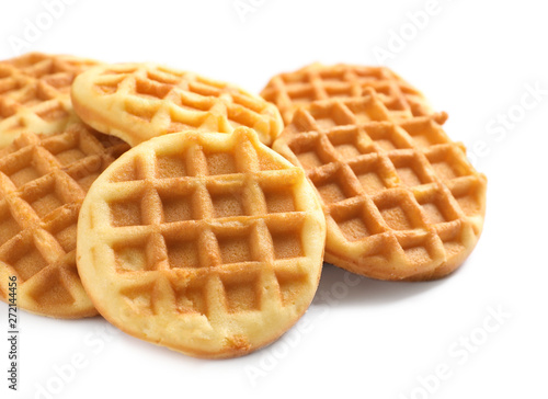 Delicious waffles for breakfast on white background, closeup