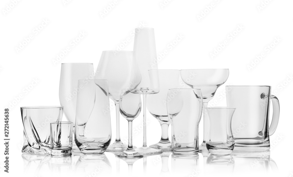 Set of empty glasses for different drinks on white background Set of empty glasses for different drinks on white background