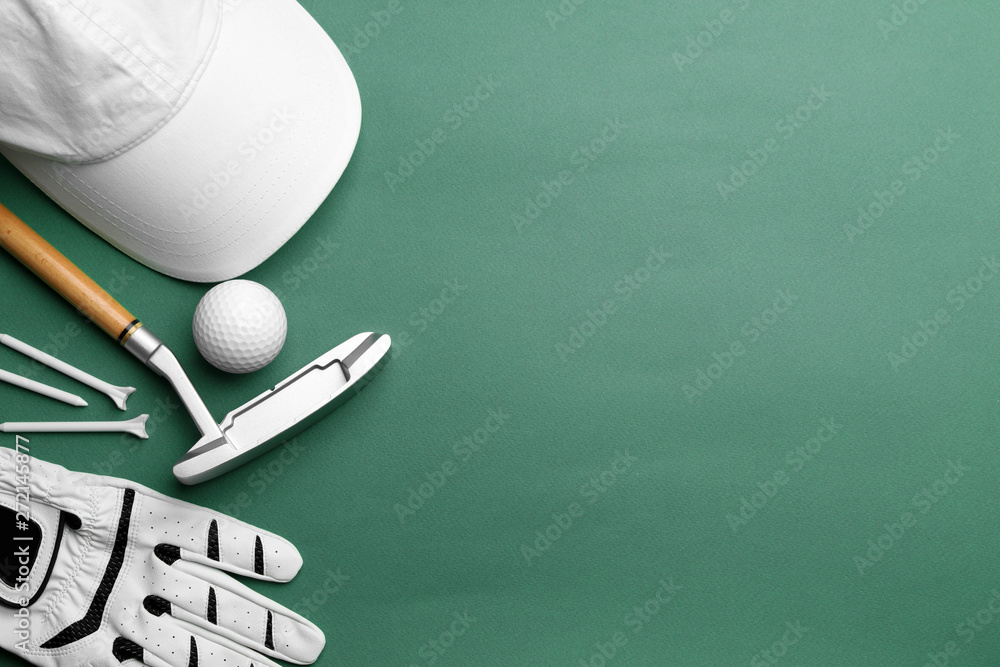 Set of golf equipment on color background, flat lay. Space for text