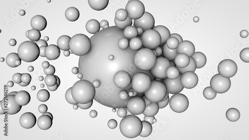 3D rendering of many small balls in the space surrounding a large white ball. The idea of interaction. Futuristic, abstract composition for the background. Image isolated on white background. © Станислав Чуб