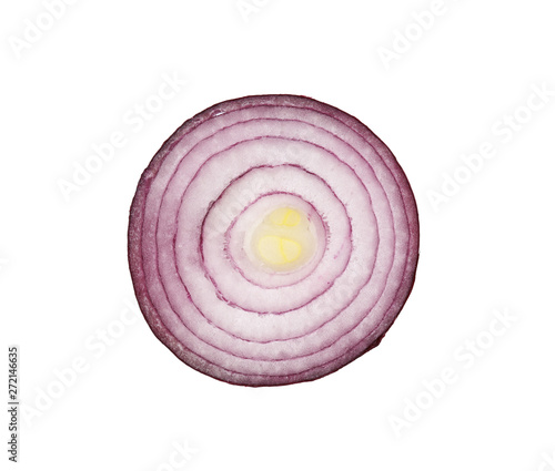 Fresh slice of red onion on white background, top view