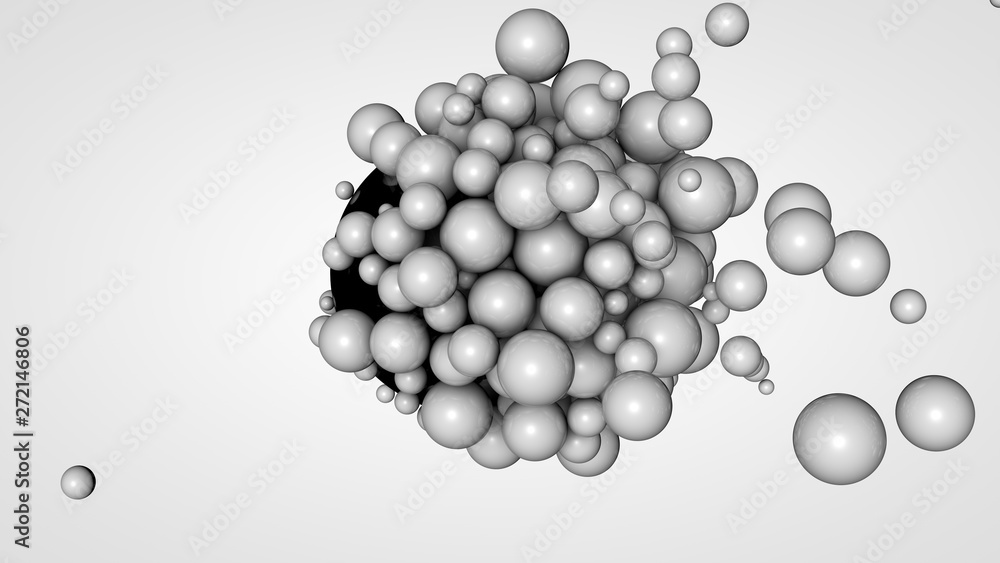 3D rendering of many small balls in the space surrounding a large black ball. The idea of chemical interaction. Futuristic, abstract composition for the background. Image isolated on white background. 3D rendering of many small balls in the space surrounding a large black ball. The idea of chemical interaction. Futuristic, abstract composition for the background. Image isolated on white background.