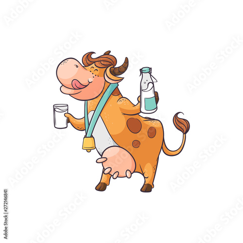 Funny cow drinking milk from glass and bottle, cute cartoon character standing with funny face