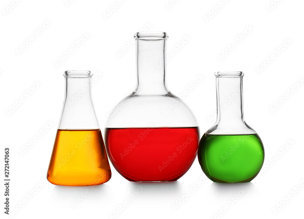 Chemistry glassware with color samples isolated on white Chemistry glassware with color samples isolated on white