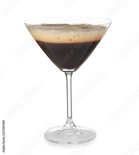Glass of Espresso Martini on white background. Alcohol cocktail