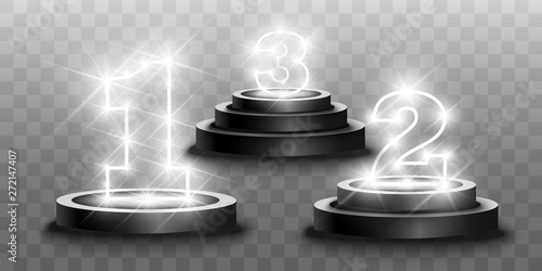 Winner background with signs of first, second and third place on a round pedestal. Vector winner podium sports symbols. 