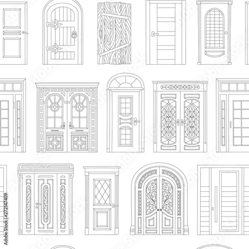 Doors coloring book seamless pattern - black and white house entrance design from medieval to modern