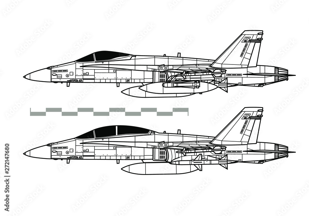 McDonnell Douglas F-18 HORNET. Outline vector drawing McDonnell Douglas F-18 HORNET. Outline vector drawing