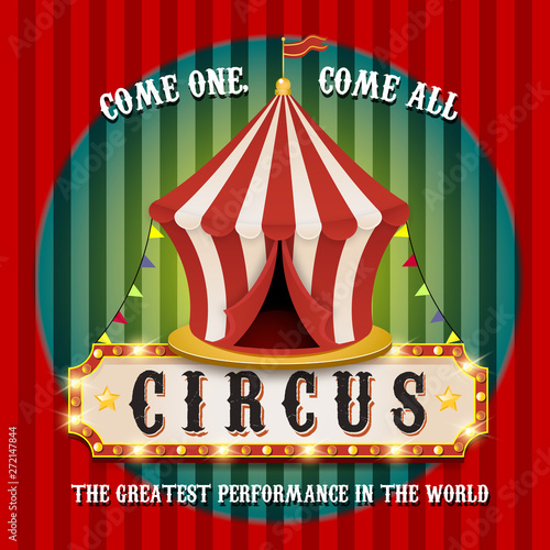 Vintage circus banner with bright bulbs. Carnival tent