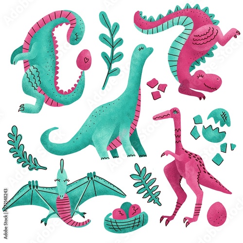 Set of 5 Cute dinosaur color hand drawn textured characters. Dino flat handdrawn clipart. Sketch jurassic reptile. pterodactyl  Tyrannosaurus. Isolated cartoon illustration for kids game book  t-shirt