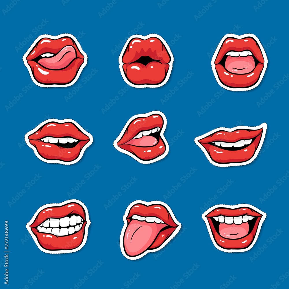 Set of female mouths with red lipstick cartoon pop art style