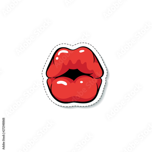 Female kissing mouth with glossy red makeup cartoon pop art style
