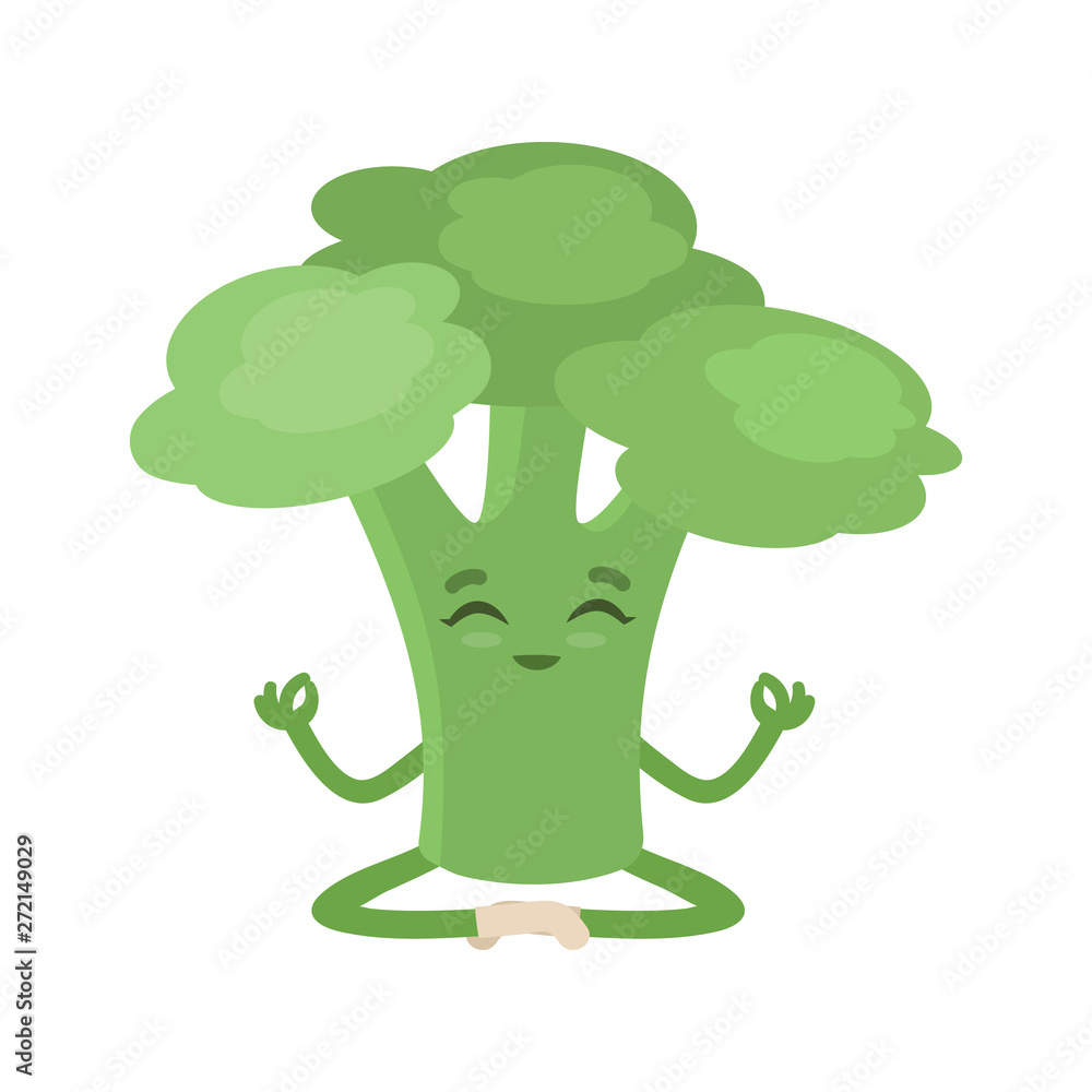 Vettoriale Stock Broccoli doing yoga, sitting in the lotus position, cute  cartoon character. Fitness vegetable. Isolated vector illustration | Adobe  Stock