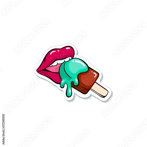 Woman's mouth or lips licking with tongue ice cream vector illustration isolated.