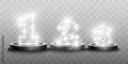 Winner background with signs of first, second and third place on a round pedestal. Vector winner podium sports symbols. 