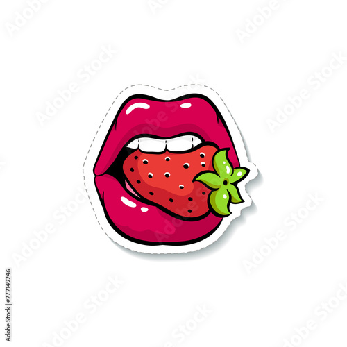 Woman's mouth with sexy red lipstick and a strawberry vector illustration isolated.