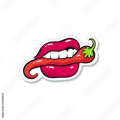 Sexy woman's mouth or lips clamps a hot chilli pepper vector illustration isolated.