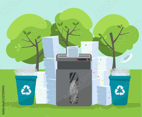 A pile of paper and documents stands above big floor shredder in front on green trees. Many paperwork concept. Huge stacks of used paper and plastic recycle bins. Flat cartoon vector illustration.