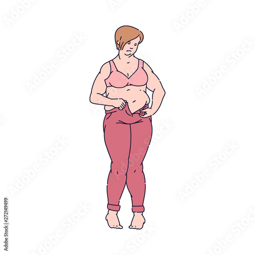 Sad woman with fat belly standing can not fasten pants sketch style