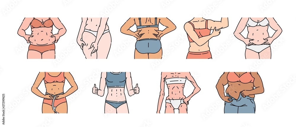 Female body set with different weight and shape, pinching belly fat or leg  rolls, measuring waist Stock Vector