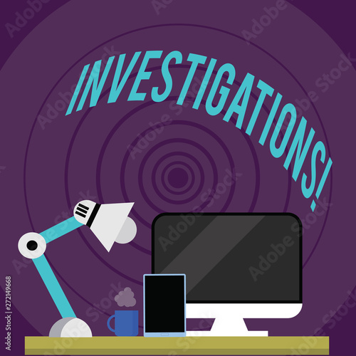 Writing note showing Investigations. Business photo showcasing Formal inquiry Systematic Study Examination Research Analysis photo