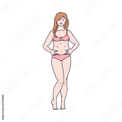 Woman pinching fat on her belly, female cartoon character in underwear with body image issues wanting weight loss and slim waist