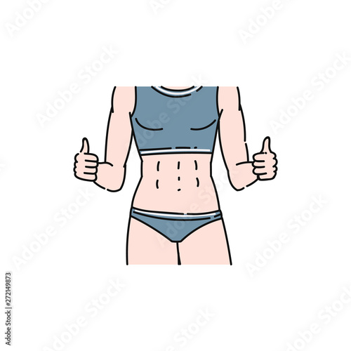 Female body with six pack abs and flat stomach, cartoon woman drawing giving thumbs up