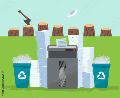 A pile of papers and documents stands above big floor shredder in front of many stumps. Many paperwork concept. Huge stacks of used paper and plastic recycle bins. Flat cartoon vector illustration.