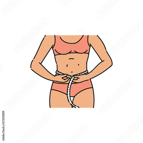 Close-up of woman in underwear measuring waist by tape sketch style