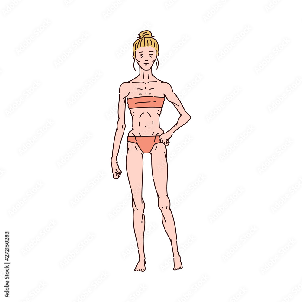 Photography Thin anorexic girl standing in underwear one arm akimbo sketch style