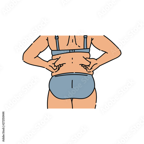 Woman with a excess weight squeezing fat on the back vector illustration isolated.