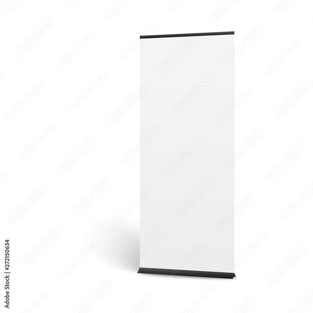 Realistic vertical pop up banner mockup. Long white poster display for board presentation or show promotion, blank template for advertising Realistic vertical pop up banner mockup. Long white poster display for board presentation or show promotion, blank template for advertising