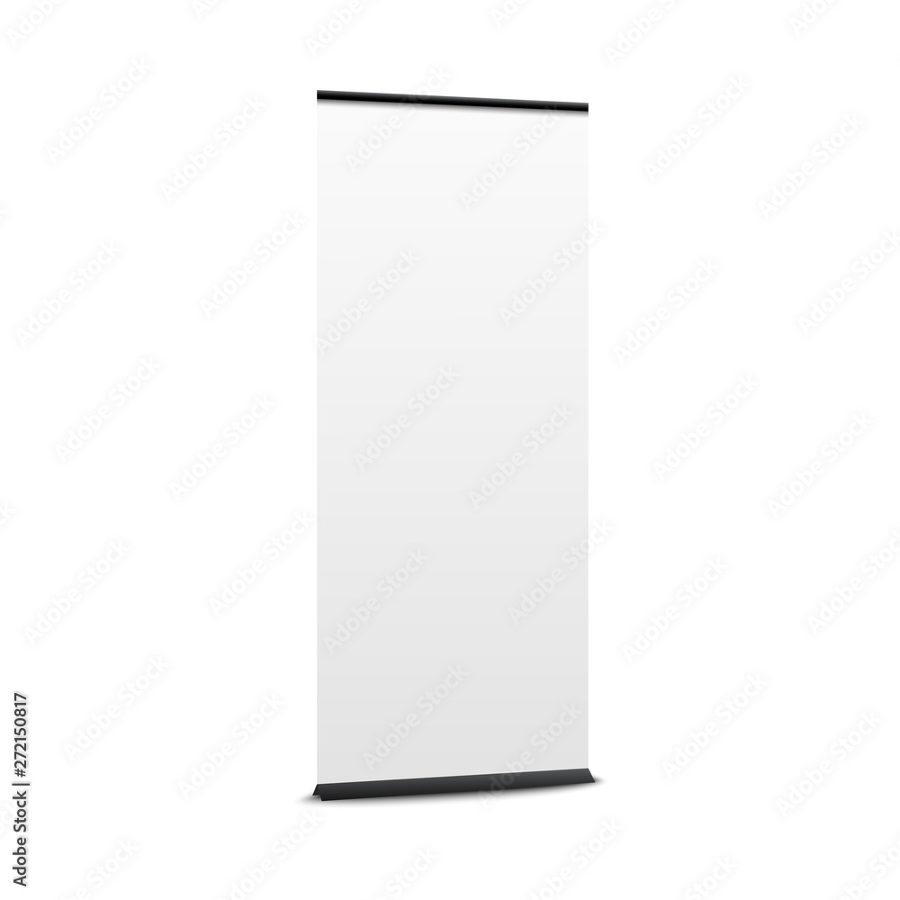 Blank pop up banner mockup. Commercial vertical stand with white empty space for promotion or product advertisement Blank pop up banner mockup. Commercial vertical stand with white empty space for promotion or product advertisement