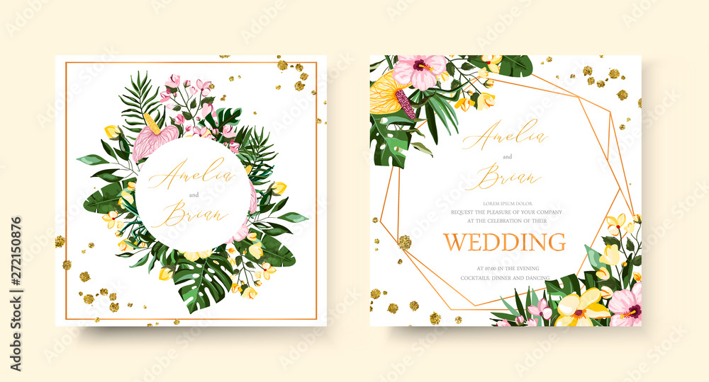 Wedding tropical exotic floral golden geometric triangular frame invitation card