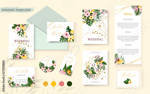 Wedding tropic exotic floral summer gold invitation card save the date envelope