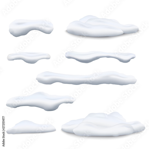 Set of snow caps and snowdrifts 3d realistic vector illustrations isolated.