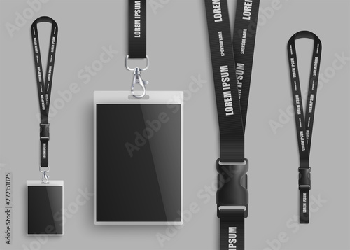 Realistic ID card mockup with blank photo and name identification badge set photo