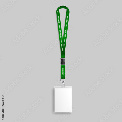 Realistic green identity card lanyard mockup with blank id badge and text template on neck strap