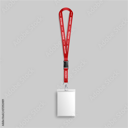 Blank white identity card lanyard hanging on red neck strap with text template, realistic mockup of name and photo identification badge