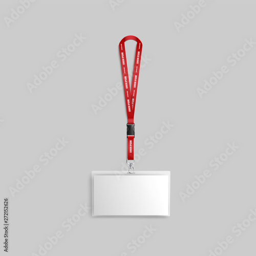 Blank white badge or identification card with ribbon 3d mockup vector illustration.