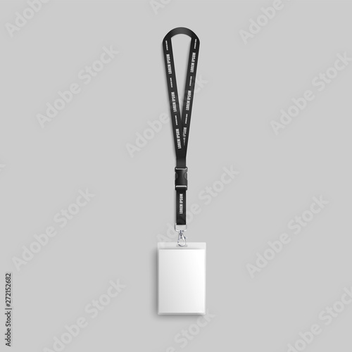 Badge or plastic identification card with ribbon 3d mockup vector illustration.