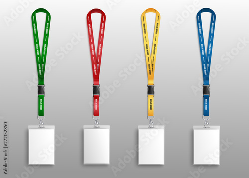 Set of badge or id cards with different color ribbons mockup vector illustration.