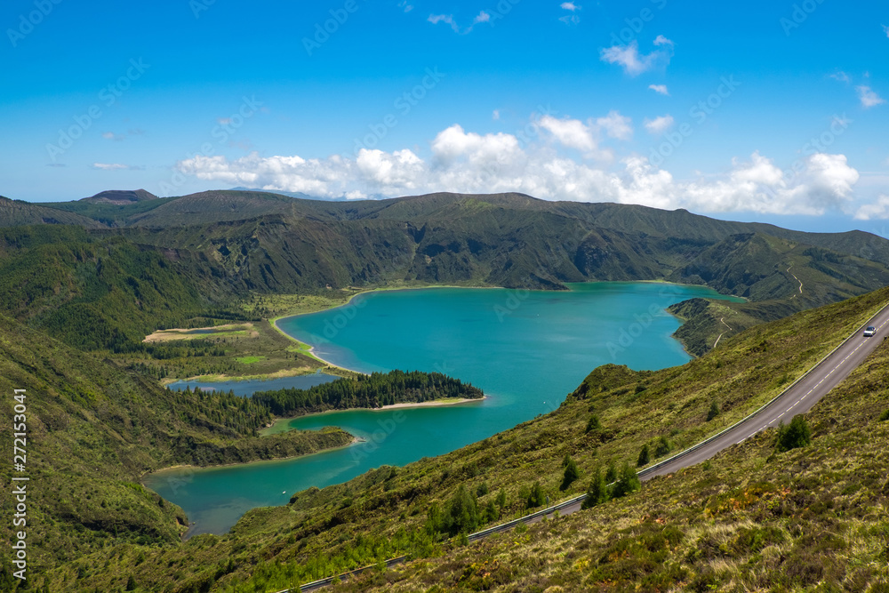 Beautiful view of the road to background volcanic lakes and forest. Azores, Sao Miguel, Portugal