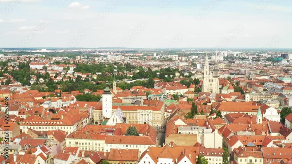 Panoramic view on Upper town and st Mark church in Zagreb, red roofs and palaces of old baroque center, political center of Croatia Panoramic view on Upper town and st Mark church in Zagreb, red roofs and palaces of old baroque center, political center of Croatia