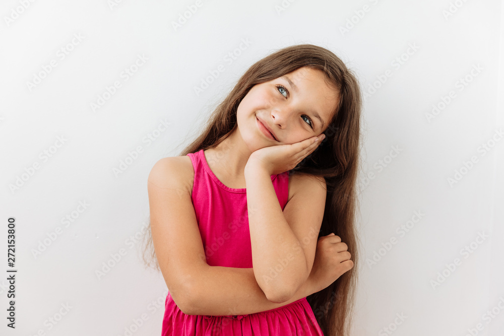 Dreamy,pleased, thinking emotion . Wish concept. 9 year girl face portrait on white backgound. Dreamy,pleased, thinking emotion . Wish concept. 9 year girl face portrait on white backgound.