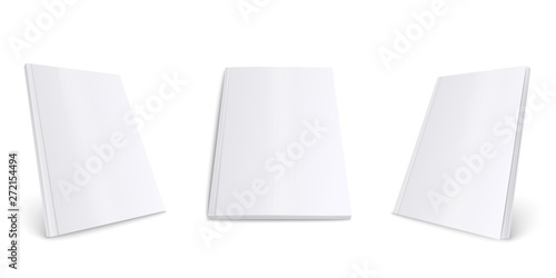 Blank white magazine mockup set. Paper document or book collection with empty front cover from front and side view
