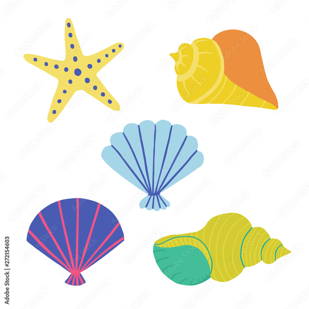 Victor sea shells and starfish labels. handdraw set illustration.